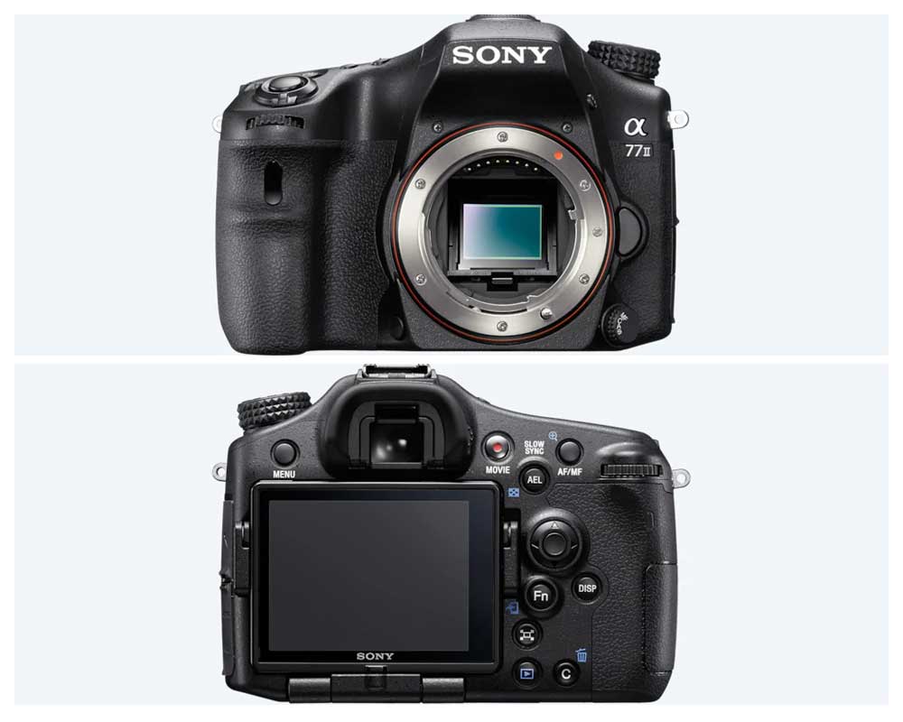 Front and back shots of the Sony A77 II.