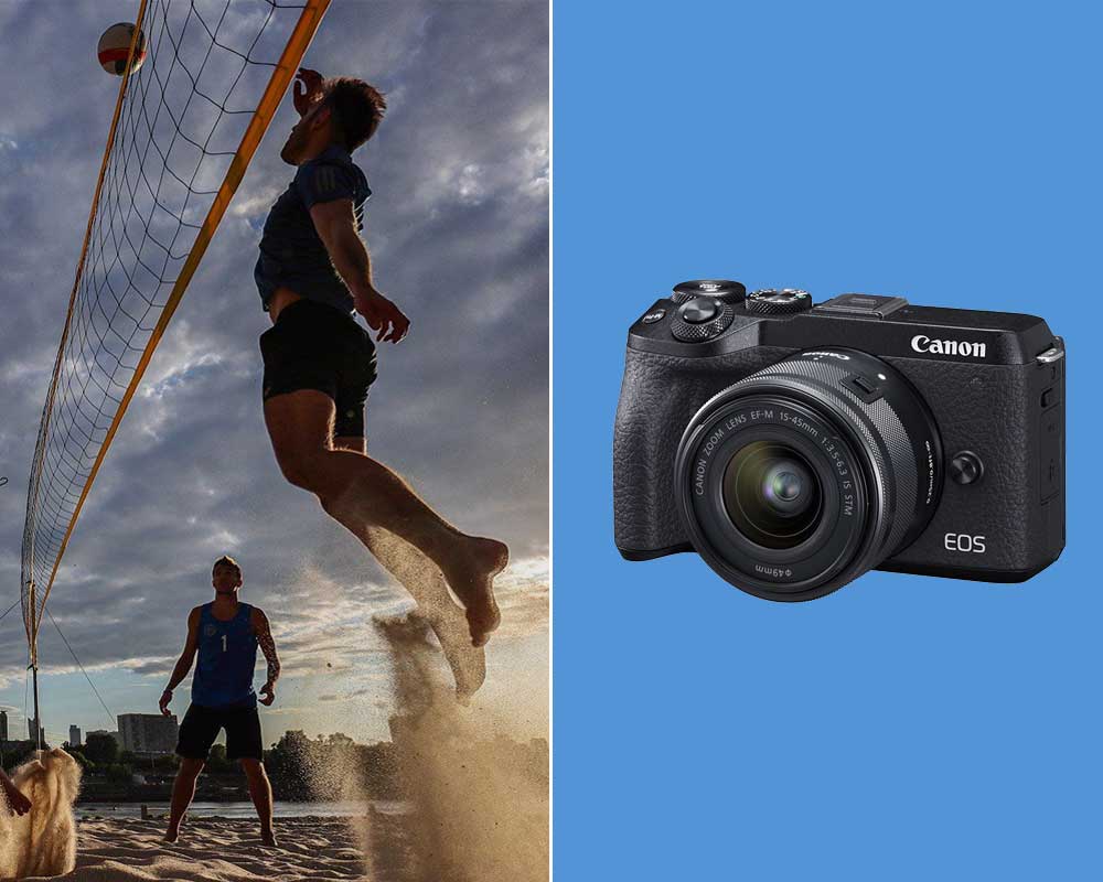 People are playing volleyball next to an image with the Canon M6 Mark II.