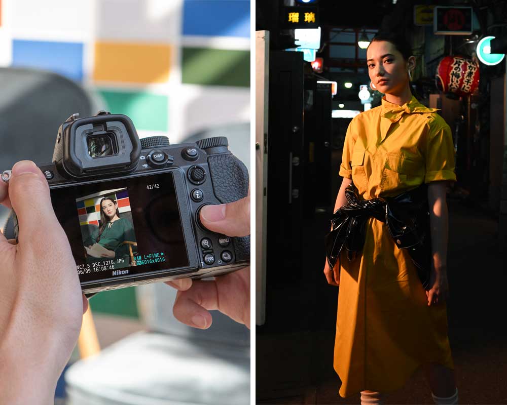Close up shot of the back of the Nikon Z5 next to a portrait shot of a woman in a street.