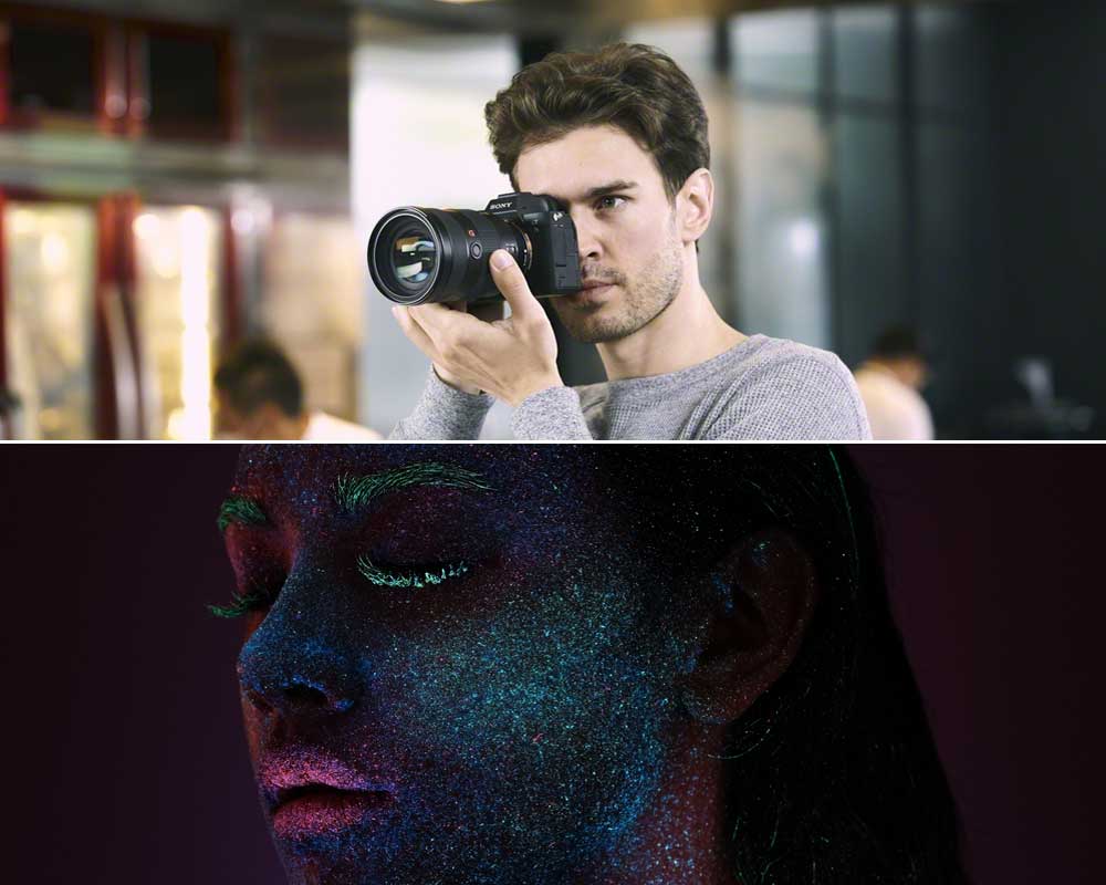 Man using the Sony A7SIII and a woman posing with glitter over her.